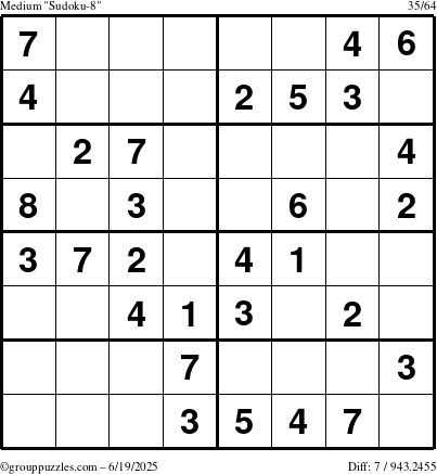 The grouppuzzles.com Medium Sudoku-8 puzzle for Thursday June 19, 2025