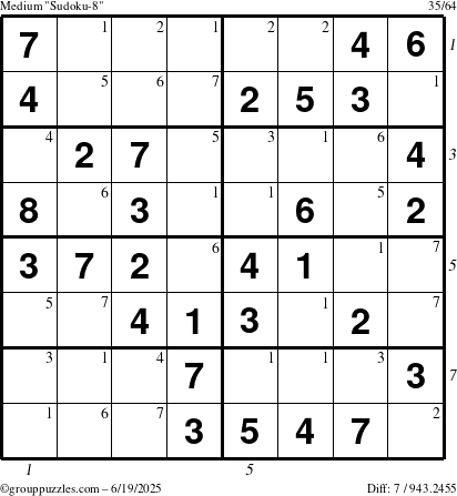 The grouppuzzles.com Medium Sudoku-8 puzzle for Thursday June 19, 2025 with all 7 steps marked