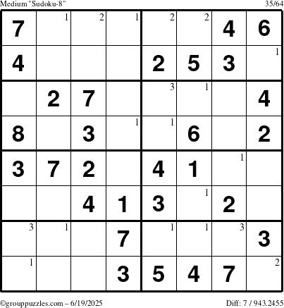 The grouppuzzles.com Medium Sudoku-8 puzzle for Thursday June 19, 2025 with the first 3 steps marked