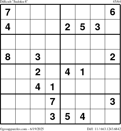 The grouppuzzles.com Difficult Sudoku-8 puzzle for Thursday June 19, 2025