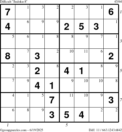 The grouppuzzles.com Difficult Sudoku-8 puzzle for Thursday June 19, 2025 with all 11 steps marked