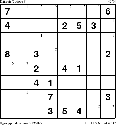 The grouppuzzles.com Difficult Sudoku-8 puzzle for Thursday June 19, 2025 with the first 3 steps marked