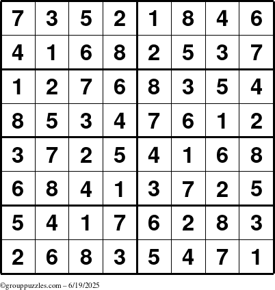 The grouppuzzles.com Answer grid for the Sudoku-8 puzzle for Thursday June 19, 2025