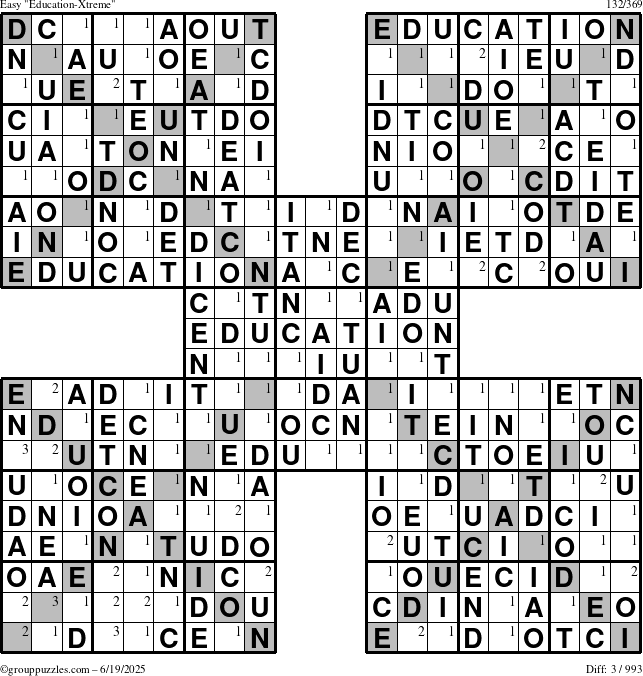 The grouppuzzles.com Easy Education-Xtreme puzzle for Thursday June 19, 2025 with the first 3 steps marked