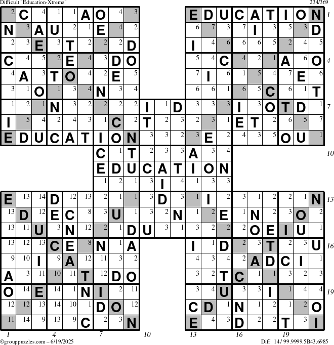 The grouppuzzles.com Difficult Education-Xtreme puzzle for Thursday June 19, 2025 with all 14 steps marked