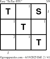 The grouppuzzles.com Easy TicTac-STU puzzle for Thursday June 19, 2025 with all 2 steps marked