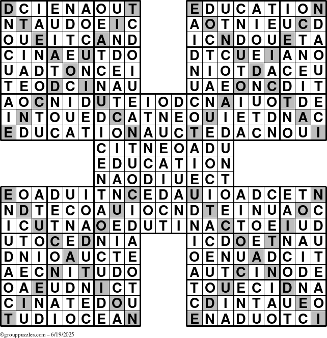 The grouppuzzles.com Answer grid for the Education-Xtreme puzzle for Thursday June 19, 2025
