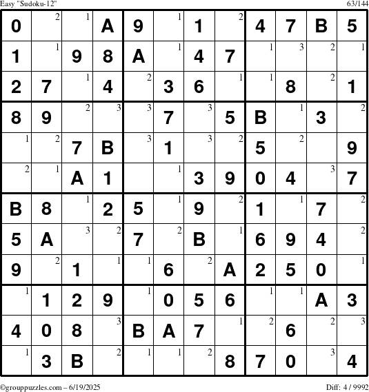 The grouppuzzles.com Easy Sudoku-12 puzzle for Thursday June 19, 2025 with the first 3 steps marked