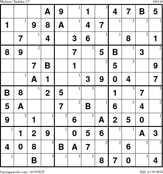 The grouppuzzles.com Medium Sudoku-12 puzzle for Thursday June 19, 2025 with the first 3 steps marked