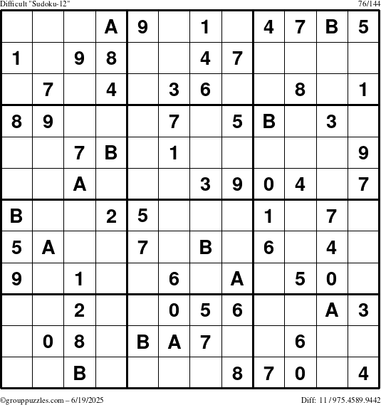 The grouppuzzles.com Difficult Sudoku-12 puzzle for Thursday June 19, 2025