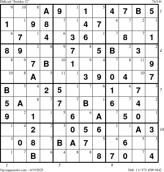 The grouppuzzles.com Difficult Sudoku-12 puzzle for Thursday June 19, 2025 with all 11 steps marked