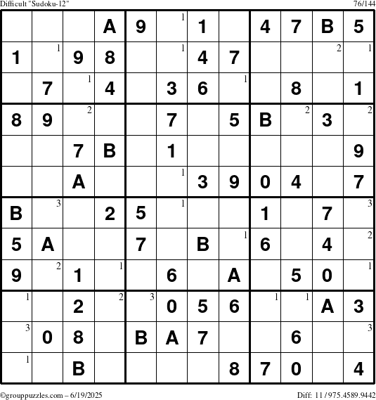 The grouppuzzles.com Difficult Sudoku-12 puzzle for Thursday June 19, 2025 with the first 3 steps marked