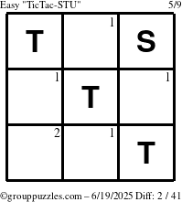 The grouppuzzles.com Easy TicTac-STU puzzle for Thursday June 19, 2025 with the first 2 steps marked
