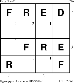 The grouppuzzles.com Easy Fred puzzle for Thursday October 29, 2026, suitable for printing, with all 2 steps marked