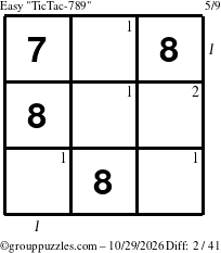 The grouppuzzles.com Easy TicTac-789 puzzle for Thursday October 29, 2026, suitable for printing, with all 2 steps marked