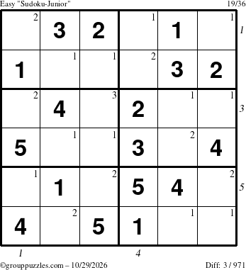 The grouppuzzles.com Easy Sudoku-Junior puzzle for Thursday October 29, 2026, suitable for printing, with all 3 steps marked