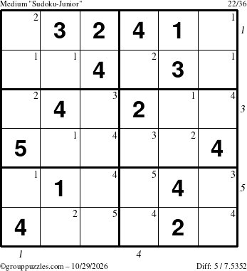 The grouppuzzles.com Medium Sudoku-Junior puzzle for Thursday October 29, 2026, suitable for printing, with all 5 steps marked
