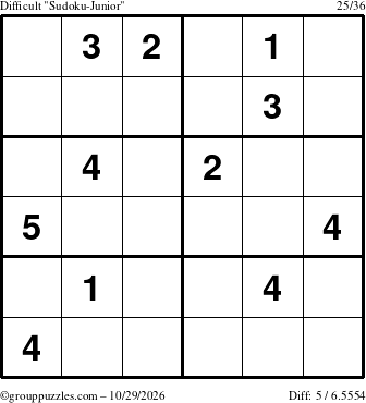 The grouppuzzles.com Difficult Sudoku-Junior puzzle for Thursday October 29, 2026