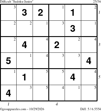 The grouppuzzles.com Difficult Sudoku-Junior puzzle for Thursday October 29, 2026, suitable for printing, with all 5 steps marked