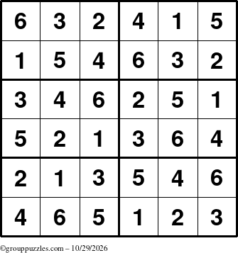 The grouppuzzles.com Answer grid for the Sudoku-Junior puzzle for Thursday October 29, 2026