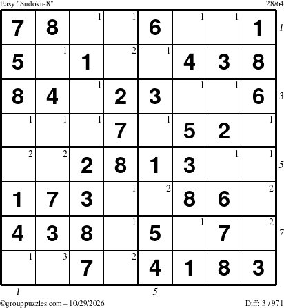 The grouppuzzles.com Easy Sudoku-8 puzzle for Thursday October 29, 2026 with all 3 steps marked