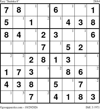 The grouppuzzles.com Easy Sudoku-8 puzzle for Thursday October 29, 2026 with the first 3 steps marked