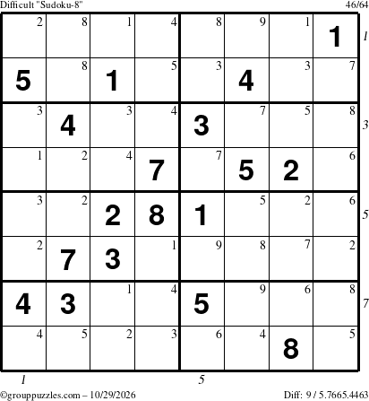 The grouppuzzles.com Difficult Sudoku-8 puzzle for Thursday October 29, 2026 with all 9 steps marked