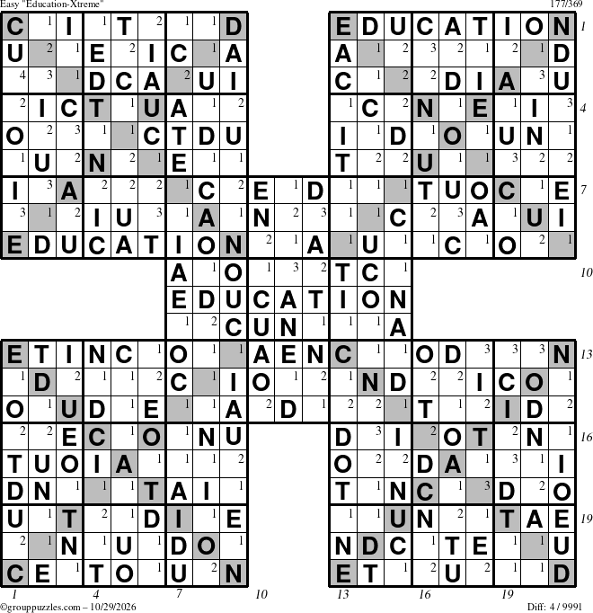 The grouppuzzles.com Easy Education-Xtreme puzzle for Thursday October 29, 2026 with all 4 steps marked