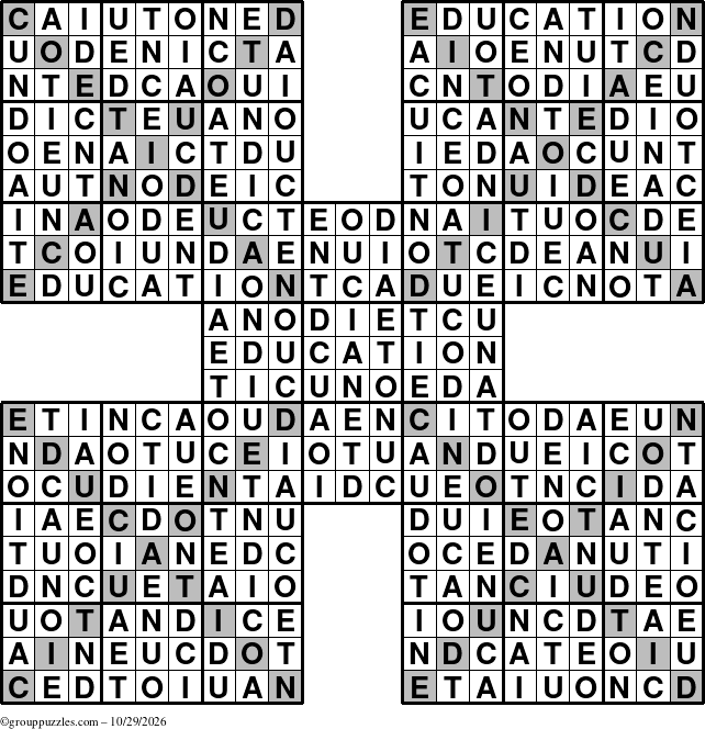 The grouppuzzles.com Answer grid for the Education-Xtreme puzzle for Thursday October 29, 2026