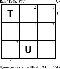 The grouppuzzles.com Easy TicTac-STU puzzle for Thursday October 29, 2026, suitable for printing, with all 2 steps marked