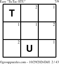 The grouppuzzles.com Easy TicTac-STU puzzle for Thursday October 29, 2026 with the first 2 steps marked