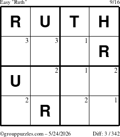 The grouppuzzles.com Easy Ruth puzzle for Sunday May 24, 2026 with the first 3 steps marked