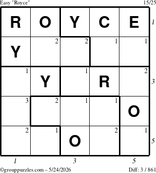 The grouppuzzles.com Easy Royce puzzle for Sunday May 24, 2026, suitable for printing, with all 3 steps marked