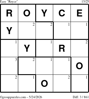 The grouppuzzles.com Easy Royce puzzle for Sunday May 24, 2026 with the first 3 steps marked