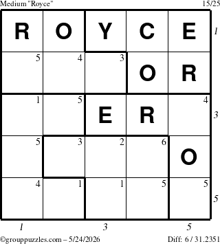 The grouppuzzles.com Medium Royce puzzle for Sunday May 24, 2026 with all 6 steps marked