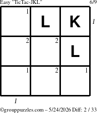 The grouppuzzles.com Easy TicTac-JKL puzzle for Sunday May 24, 2026, suitable for printing, with all 2 steps marked