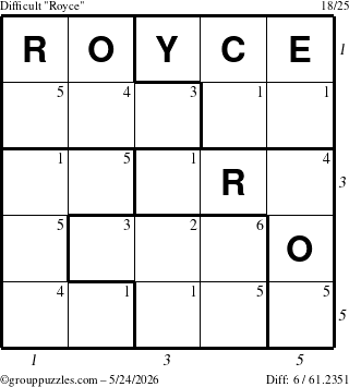 The grouppuzzles.com Difficult Royce puzzle for Sunday May 24, 2026 with all 6 steps marked