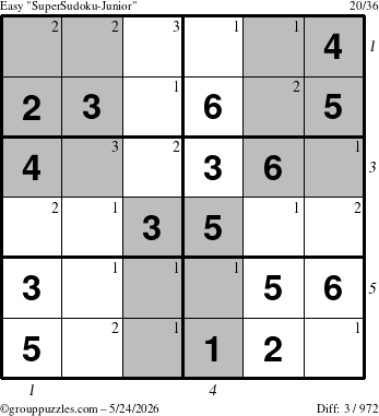 The grouppuzzles.com Easy SuperSudoku-Junior puzzle for Sunday May 24, 2026 with all 3 steps marked