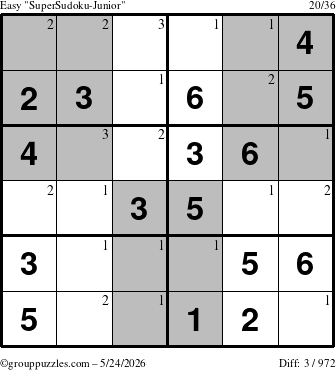 The grouppuzzles.com Easy SuperSudoku-Junior puzzle for Sunday May 24, 2026 with the first 3 steps marked
