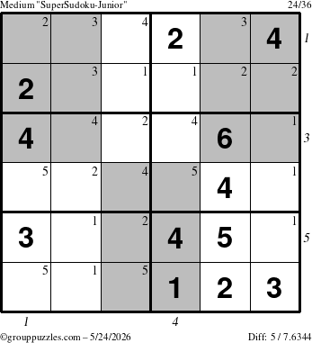 The grouppuzzles.com Medium SuperSudoku-Junior puzzle for Sunday May 24, 2026, suitable for printing, with all 5 steps marked