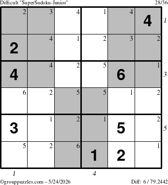 The grouppuzzles.com Difficult SuperSudoku-Junior puzzle for Sunday May 24, 2026, suitable for printing, with all 6 steps marked