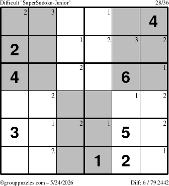 The grouppuzzles.com Difficult SuperSudoku-Junior puzzle for Sunday May 24, 2026 with the first 3 steps marked
