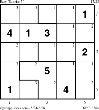 The grouppuzzles.com Easy Sudoku-5 puzzle for Sunday May 24, 2026, suitable for printing, with all 3 steps marked
