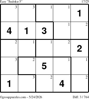 The grouppuzzles.com Easy Sudoku-5 puzzle for Sunday May 24, 2026 with the first 3 steps marked