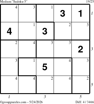 The grouppuzzles.com Medium Sudoku-5 puzzle for Sunday May 24, 2026 with all 4 steps marked