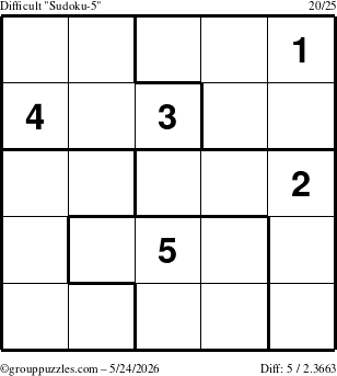 The grouppuzzles.com Difficult Sudoku-5 puzzle for Sunday May 24, 2026