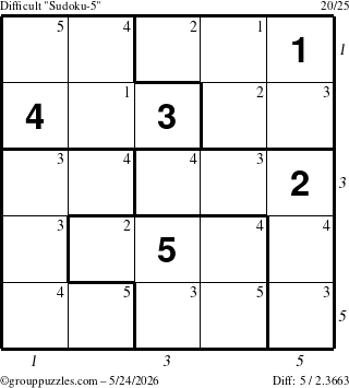 The grouppuzzles.com Difficult Sudoku-5 puzzle for Sunday May 24, 2026 with all 5 steps marked