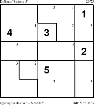 The grouppuzzles.com Difficult Sudoku-5 puzzle for Sunday May 24, 2026 with the first 3 steps marked