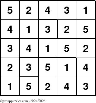 The grouppuzzles.com Answer grid for the Sudoku-5 puzzle for Sunday May 24, 2026