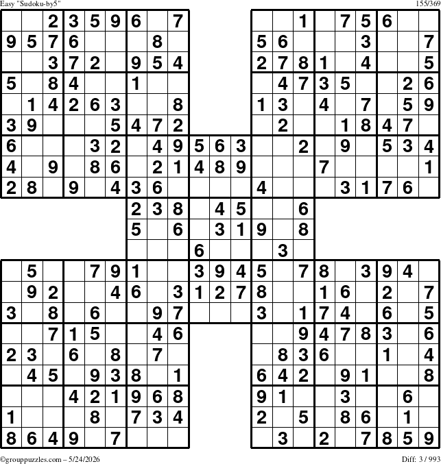 The grouppuzzles.com Easy Sudoku-by5 puzzle for Sunday May 24, 2026